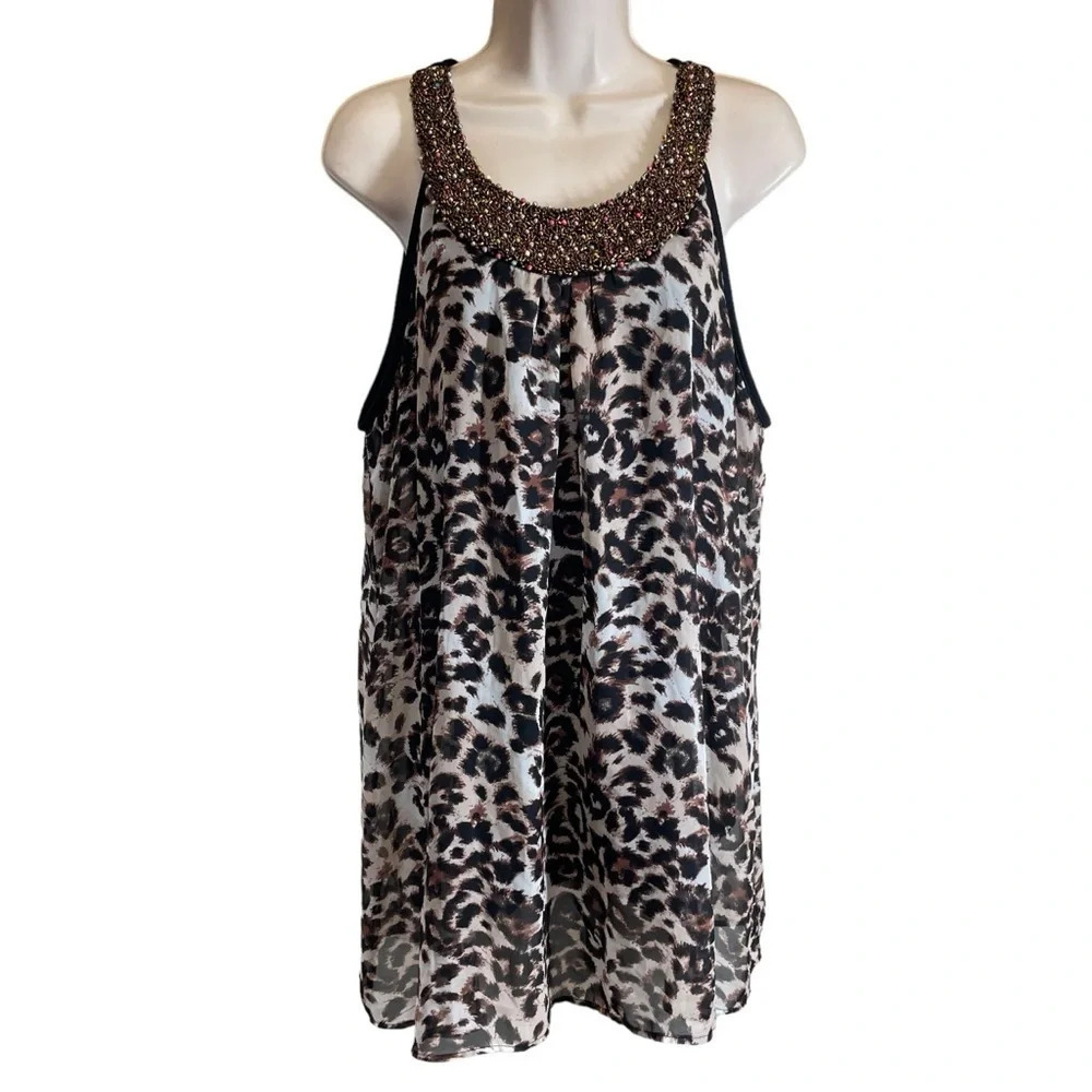 Jaclyn Smith beaded animal print tank top split back women’s large casual